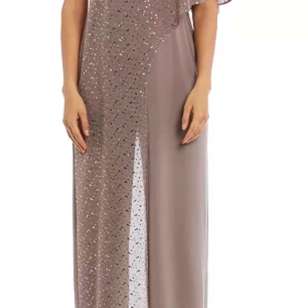 R & M Richards Pink One Shoulder Gown with Flutter Sleeves